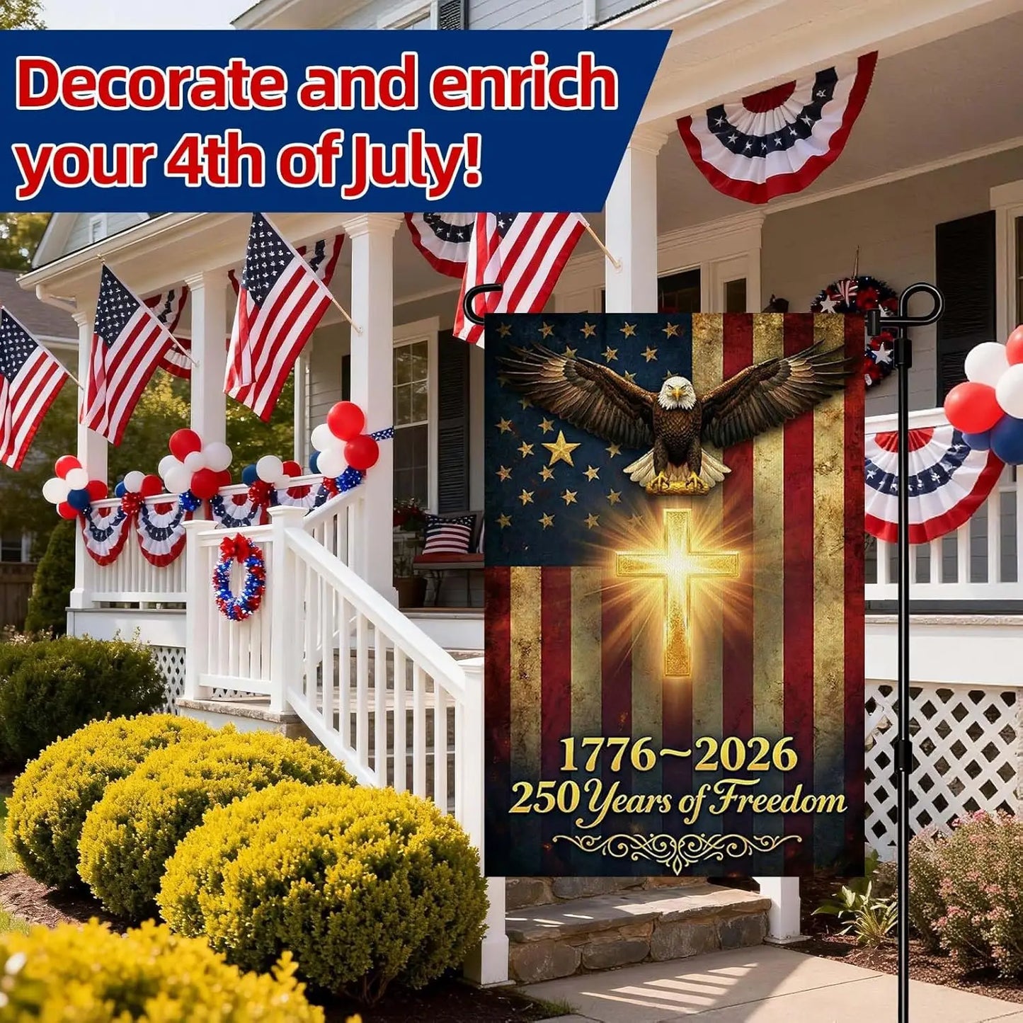 USA 250th Anniversary Garden Flag – Double-Sided Patriotic Eagle & Cross | 12×18"