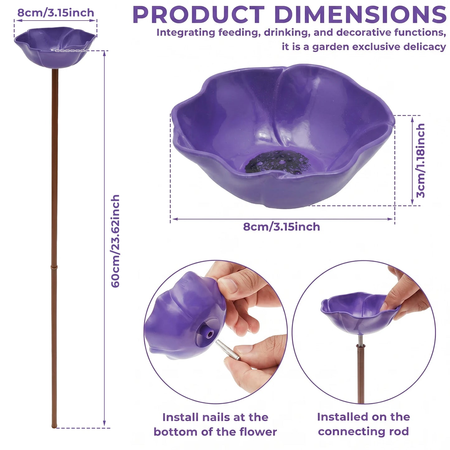 Flower-Shaped Metal Pollinator Water Station & Bird Bath — 60cm Garden Stake