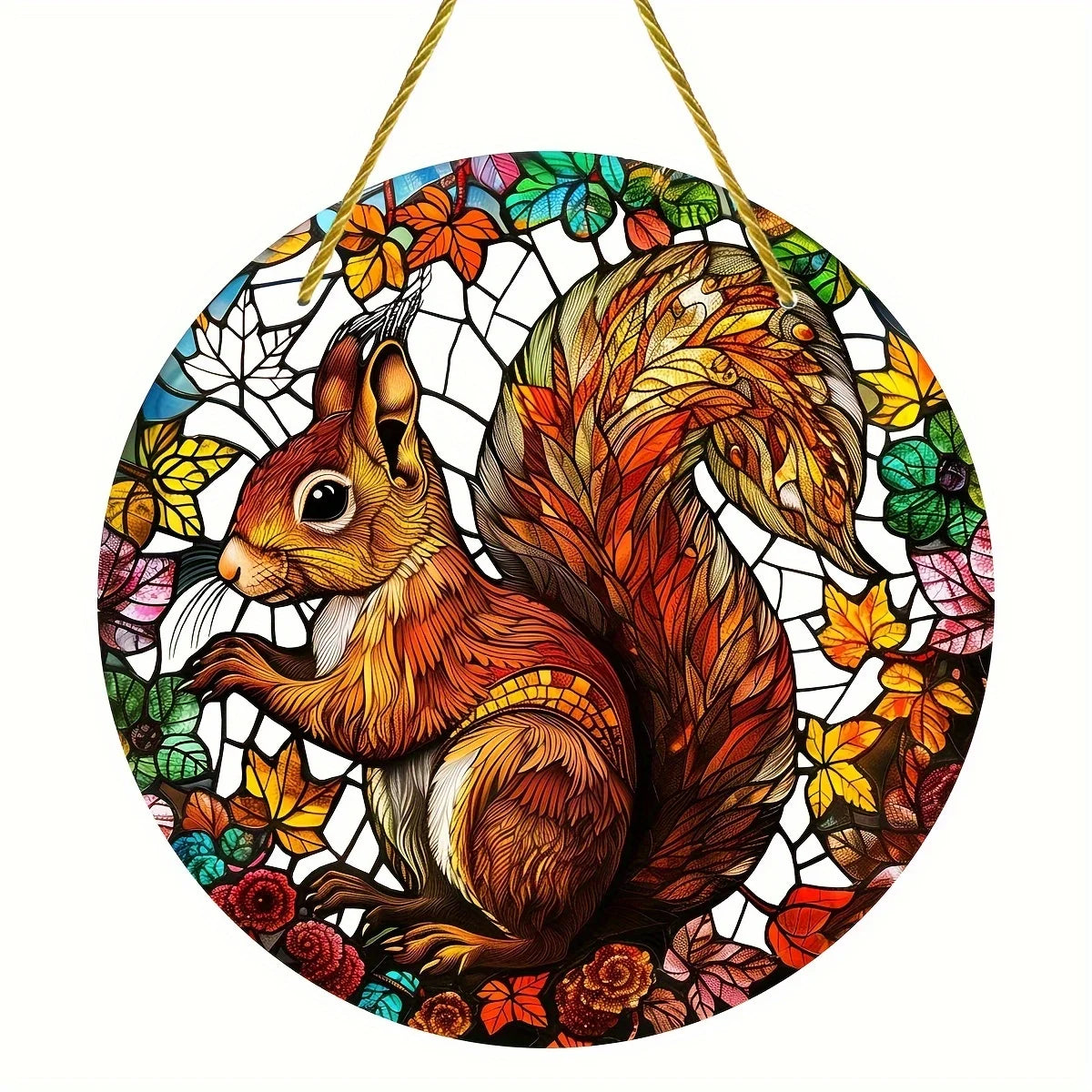 Squirrel Stained Glass-Style Suncatcher – Round Acrylic Window Hanging, 6" or 8"