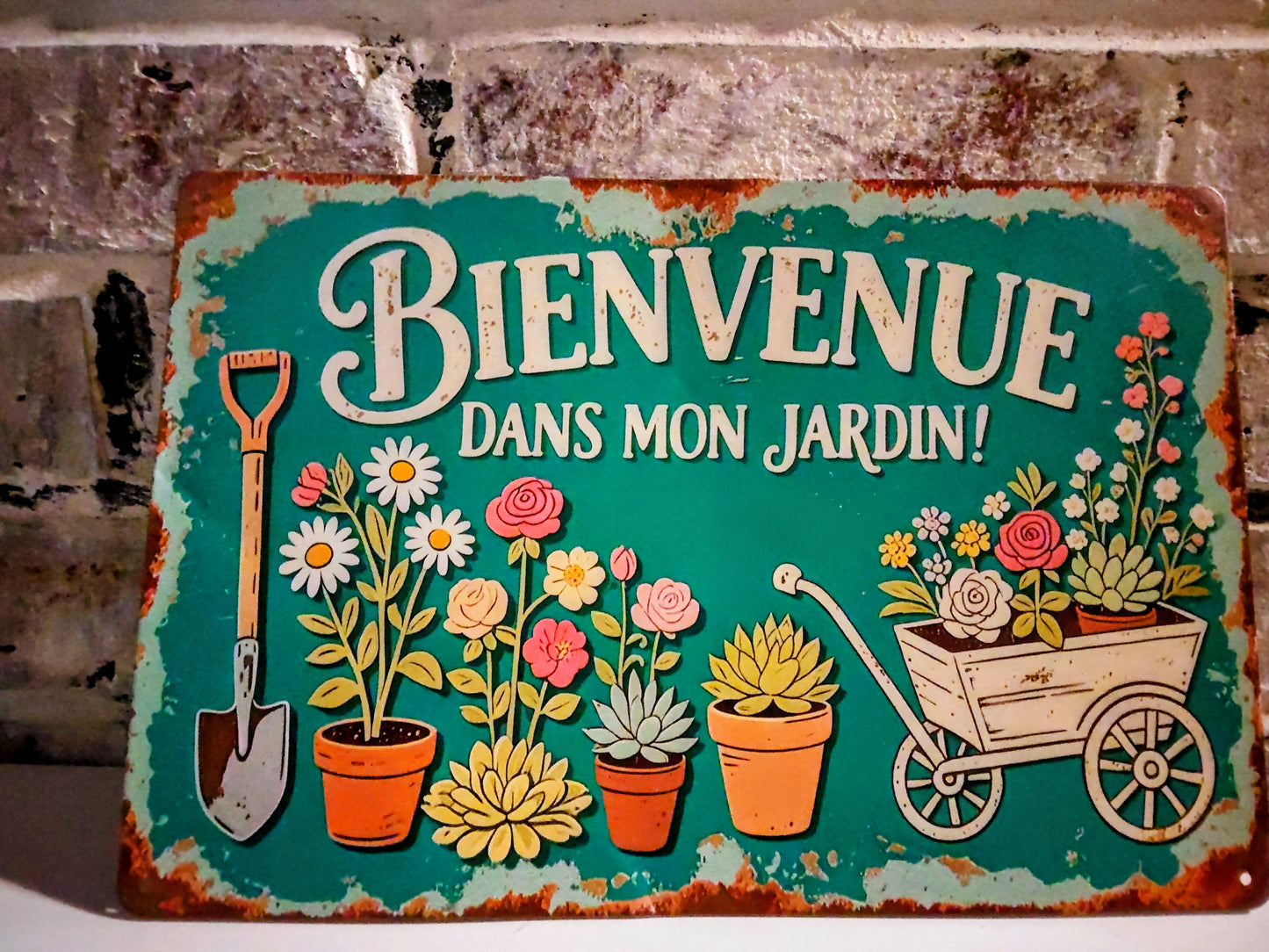 "Welcome to My Garden" Metal Wall Sign – Rustic Teal Floral & Garden Tool Design for Patio & Backyard