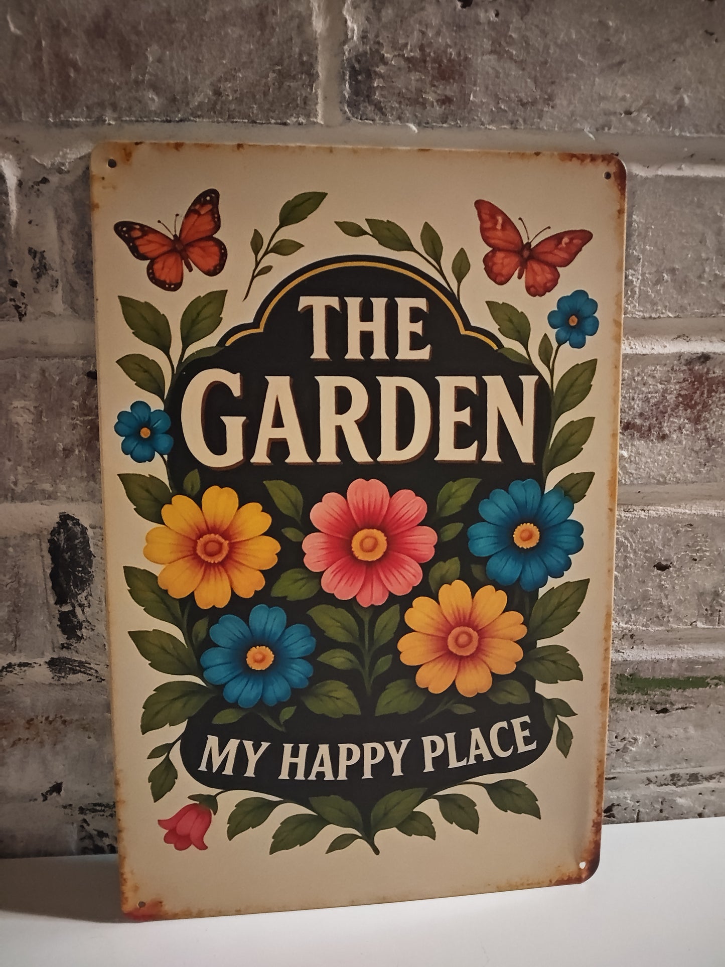 "The Garden Is My Happy Place" Vintage Metal Sign – Floral Wall Art, 8" × 12"