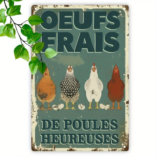 Vintage French Farmhouse Chicken Metal Sign – "Oeufs Frais" Fresh Eggs Wall Decor