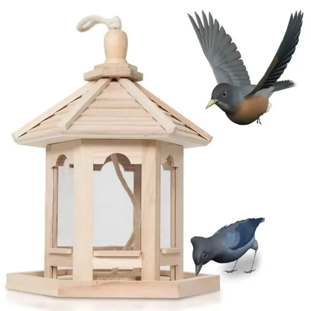 Wooden Bird Feeder House – Hanging Birdhouse with Movable Roof, Transparent Window & Smooth Finish
