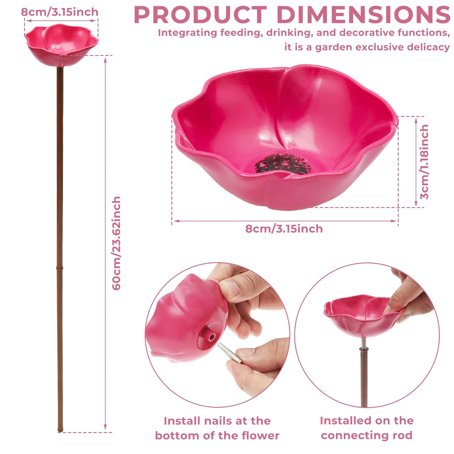 Flower-Shaped Metal Pollinator Water Station & Bird Bath — 60cm Garden Stake