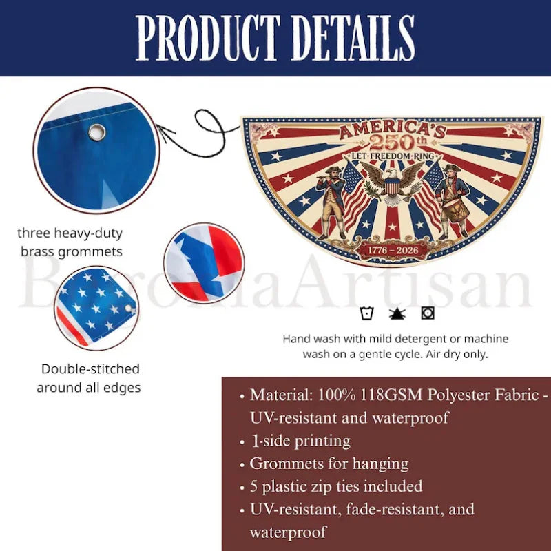 USA 250th Anniversary Fan-Shaped Porch Banner – Retro Patriotic Bunting Flag | 35×18"