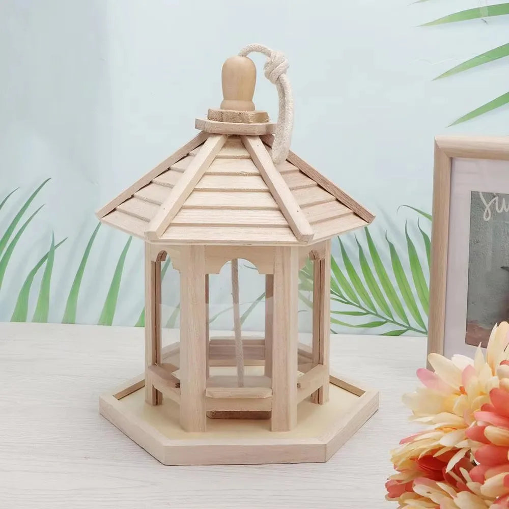 Wooden Bird Feeder House – Hanging Birdhouse with Movable Roof, Transparent Window & Smooth Finish