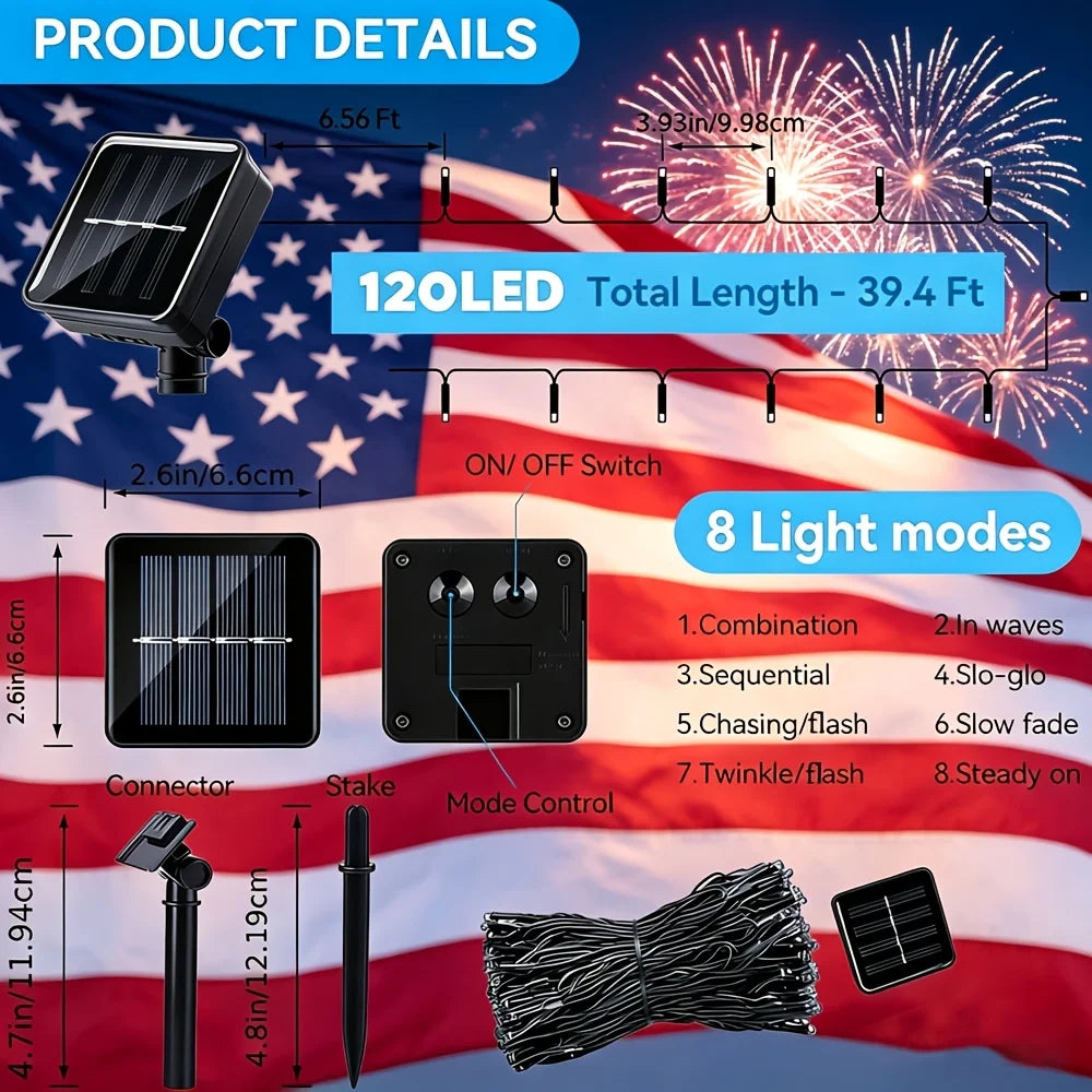 Patriotic Solar LED String Lights – Red, White & Blue | 1, 2 & 3 Pack