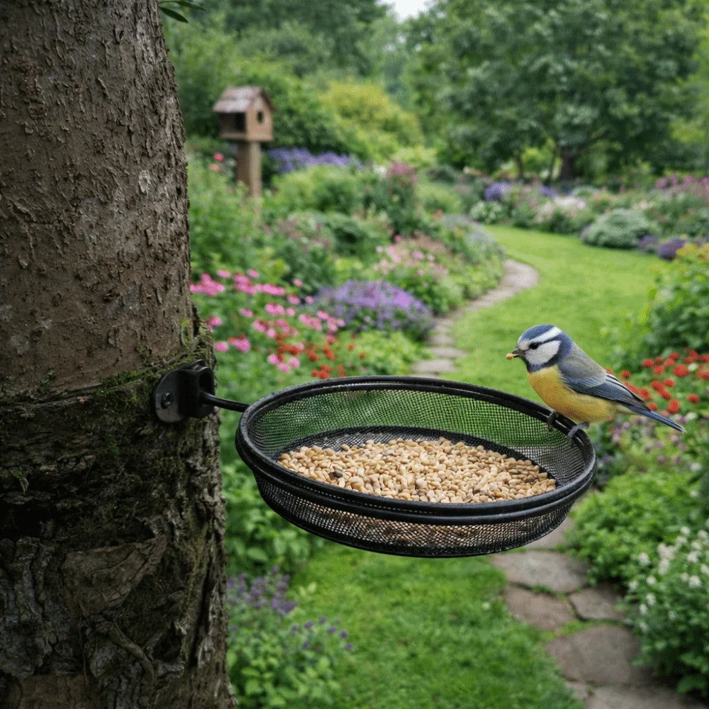 Wall-Mounted Metal Mesh Bird Feeder – Large Capacity Round Feeding Tray with Detachable Station for Balcony & Garden
