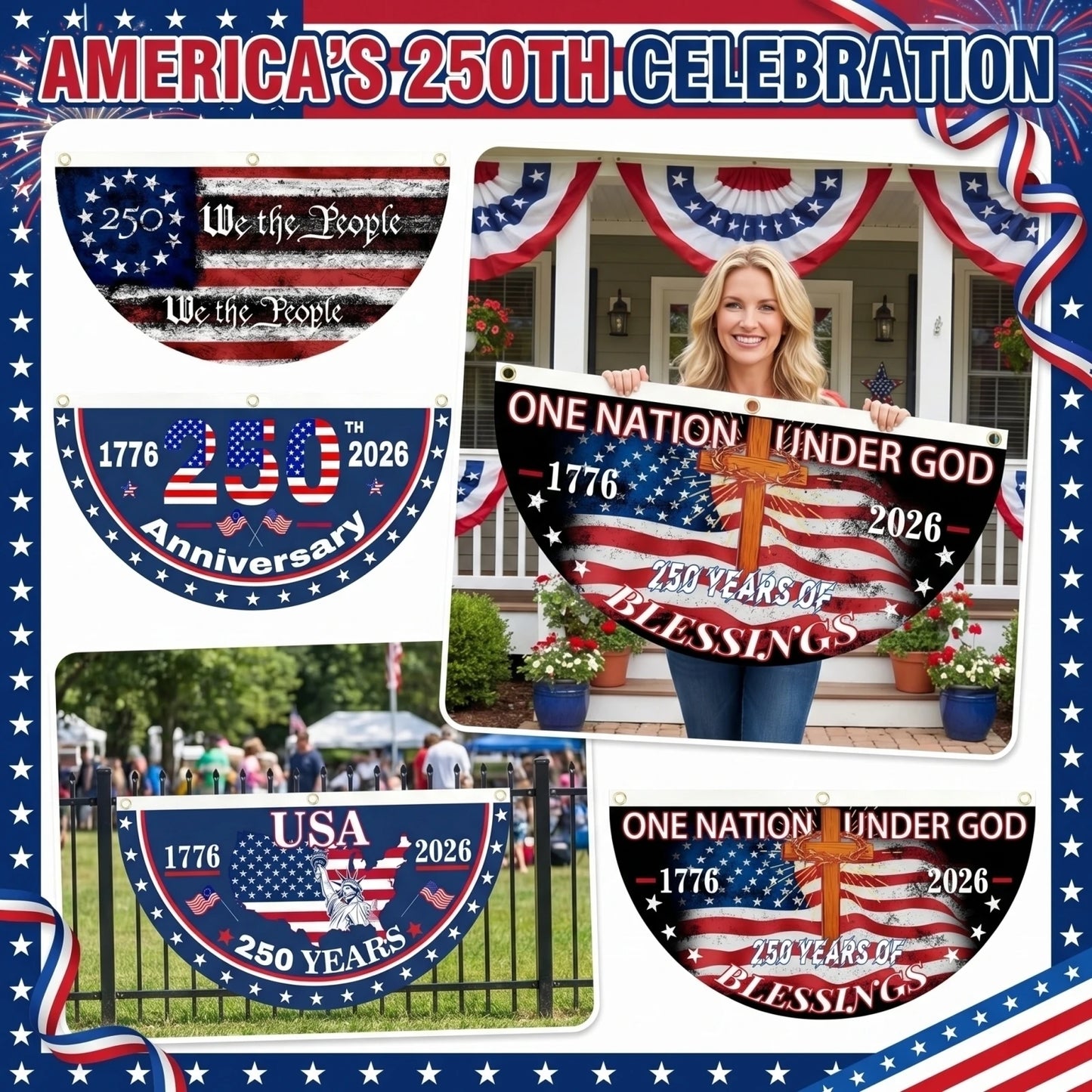 USA 250th Anniversary Half-Round Fan Flag – Patriotic Outdoor Hanging Banner | 45×90cm