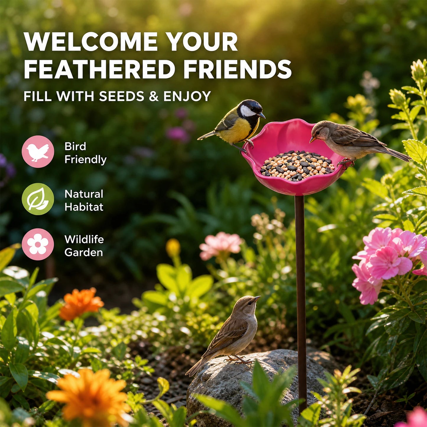 Flower-Shaped Metal Pollinator Water Station & Bird Bath — 60cm Garden Stake