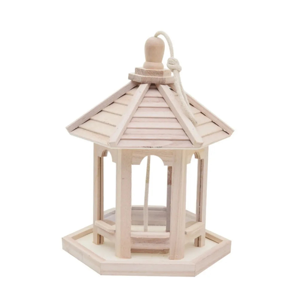 Wooden Bird Feeder House – Hanging Birdhouse with Movable Roof, Transparent Window & Smooth Finish