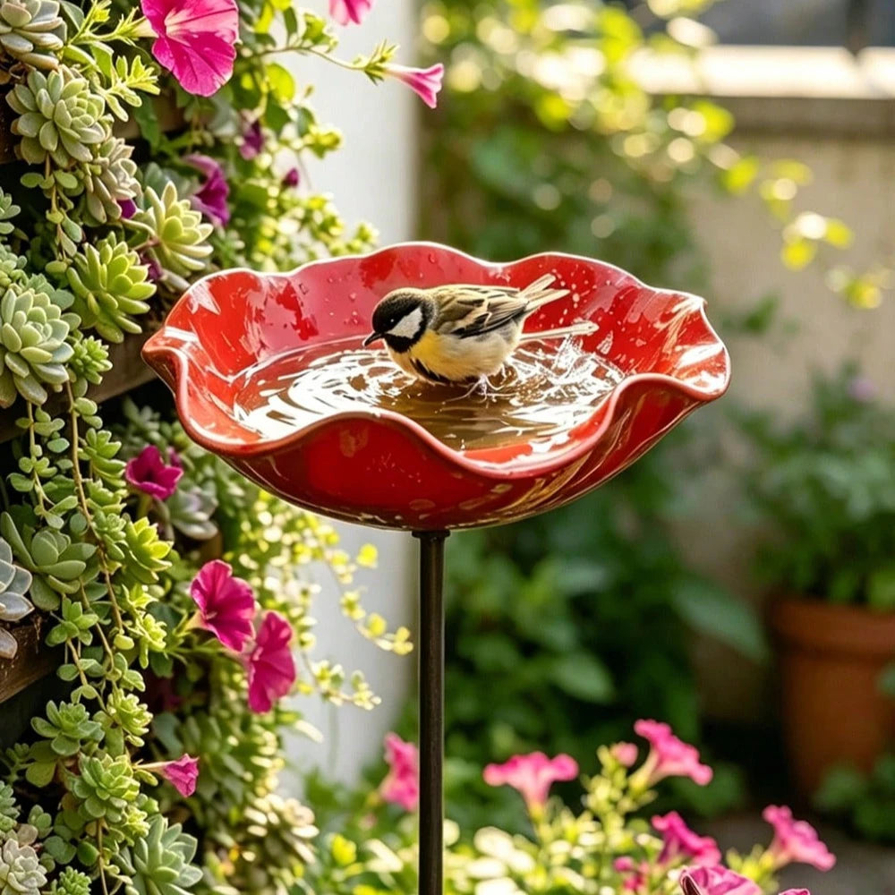 Flower-Shaped Bird Bath & Feeder with Ground Stake — Outdoor Garden Water Bowl