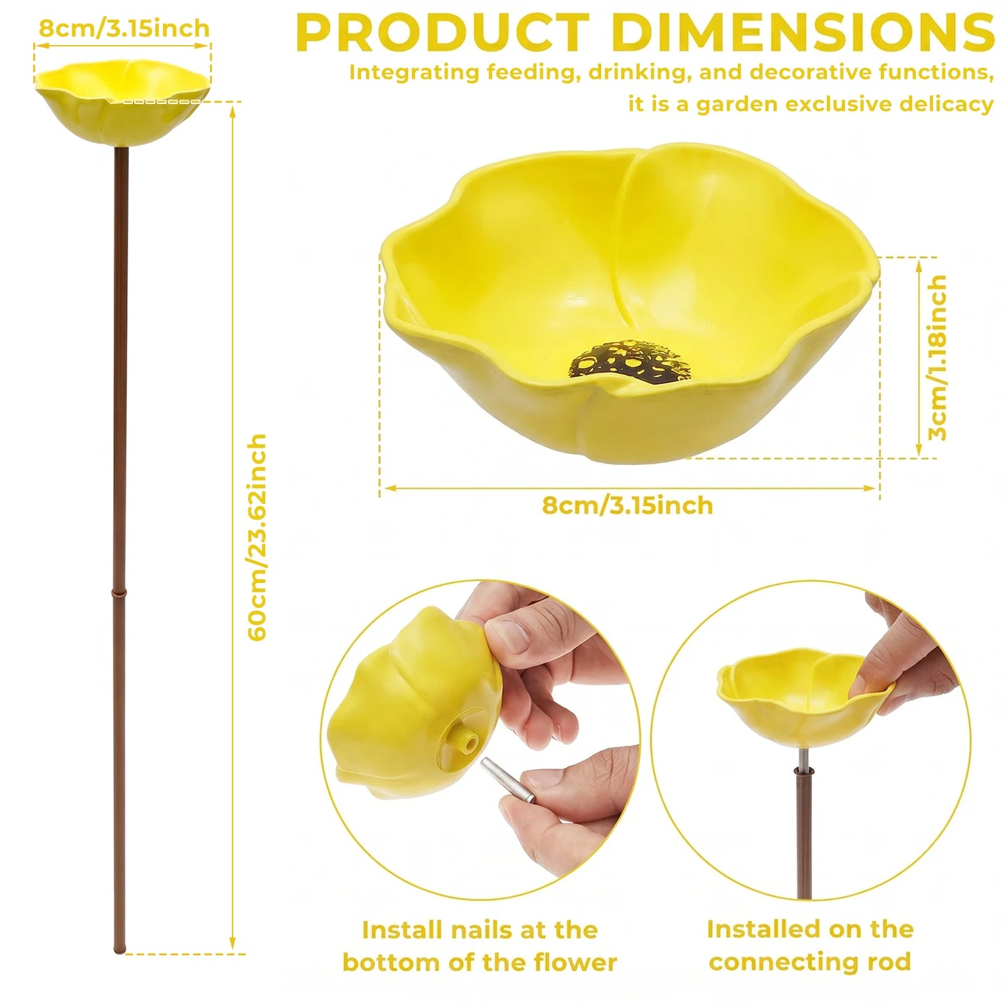 Flower-Shaped Metal Pollinator Water Station & Bird Bath — 60cm Garden Stake