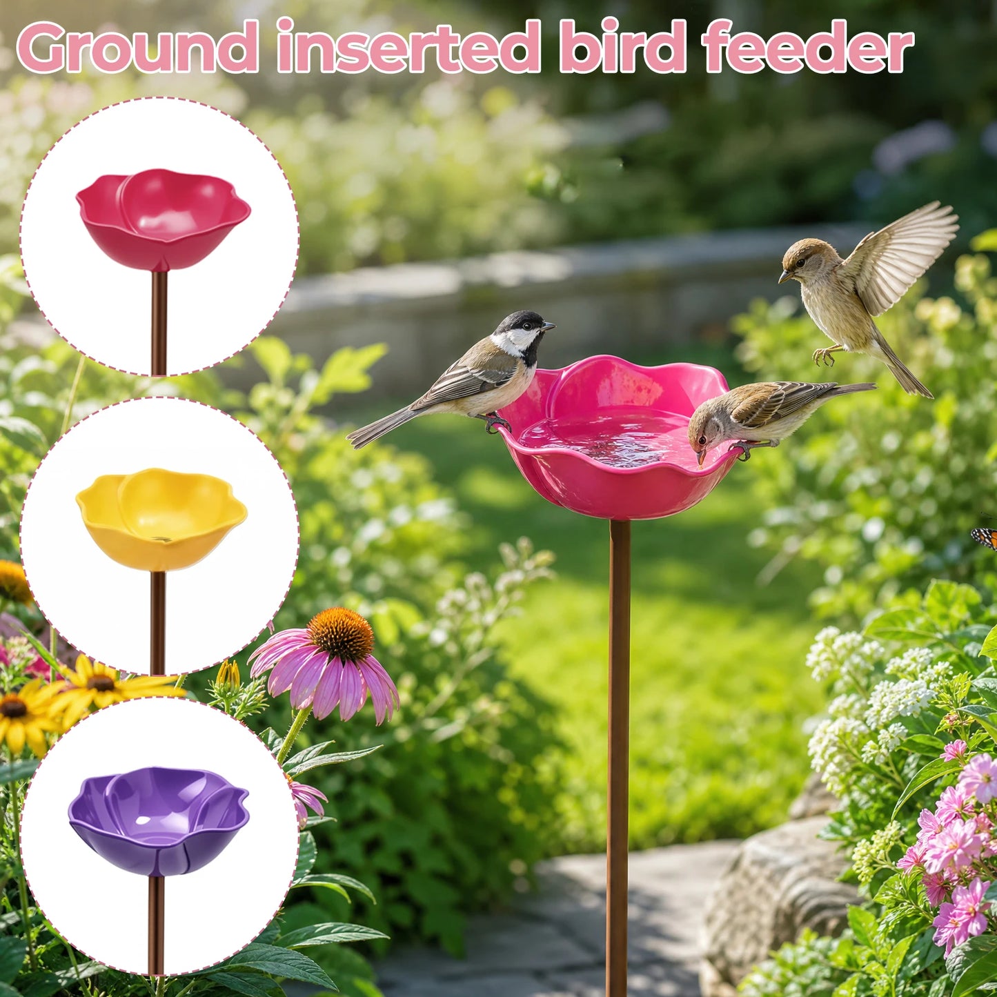Flower-Shaped Metal Pollinator Water Station & Bird Bath — 60cm Garden Stake
