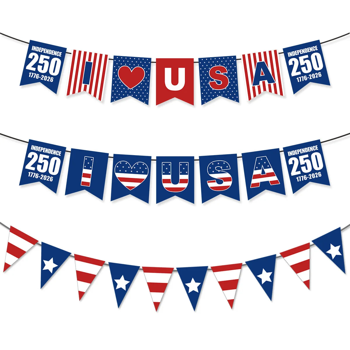 USA 250th Anniversary Party Banner Set – Patriotic ❤️ USA Flag Banners & Triangle Pennants | 1776–2026