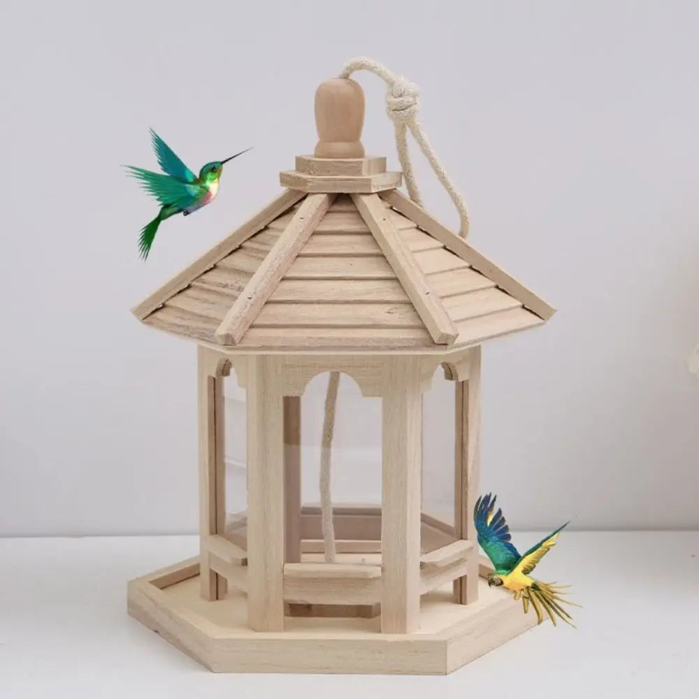 Wooden Bird Feeder House – Hanging Birdhouse with Movable Roof, Transparent Window & Smooth Finish