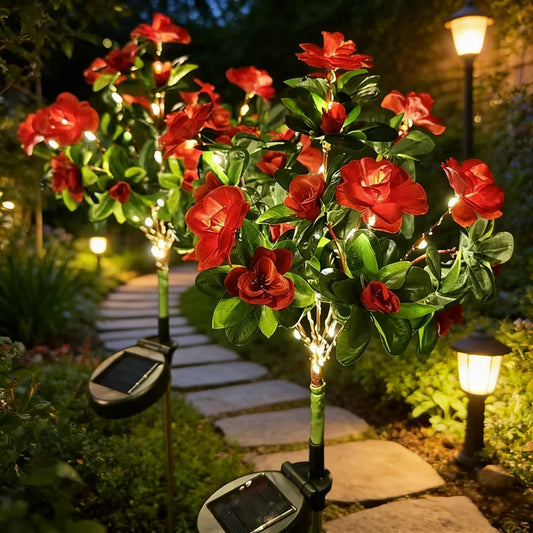 1PC Solar Powered Red Azalea Flower Stake Lights Waterproof LED Floral Garden Lights for Outdoor Patio Yard Pathway Decor