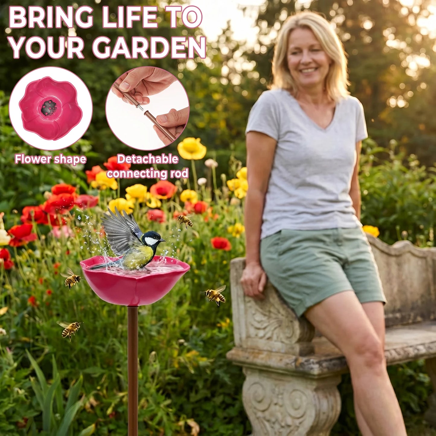 Flower-Shaped Metal Pollinator Water Station & Bird Bath — 60cm Garden Stake