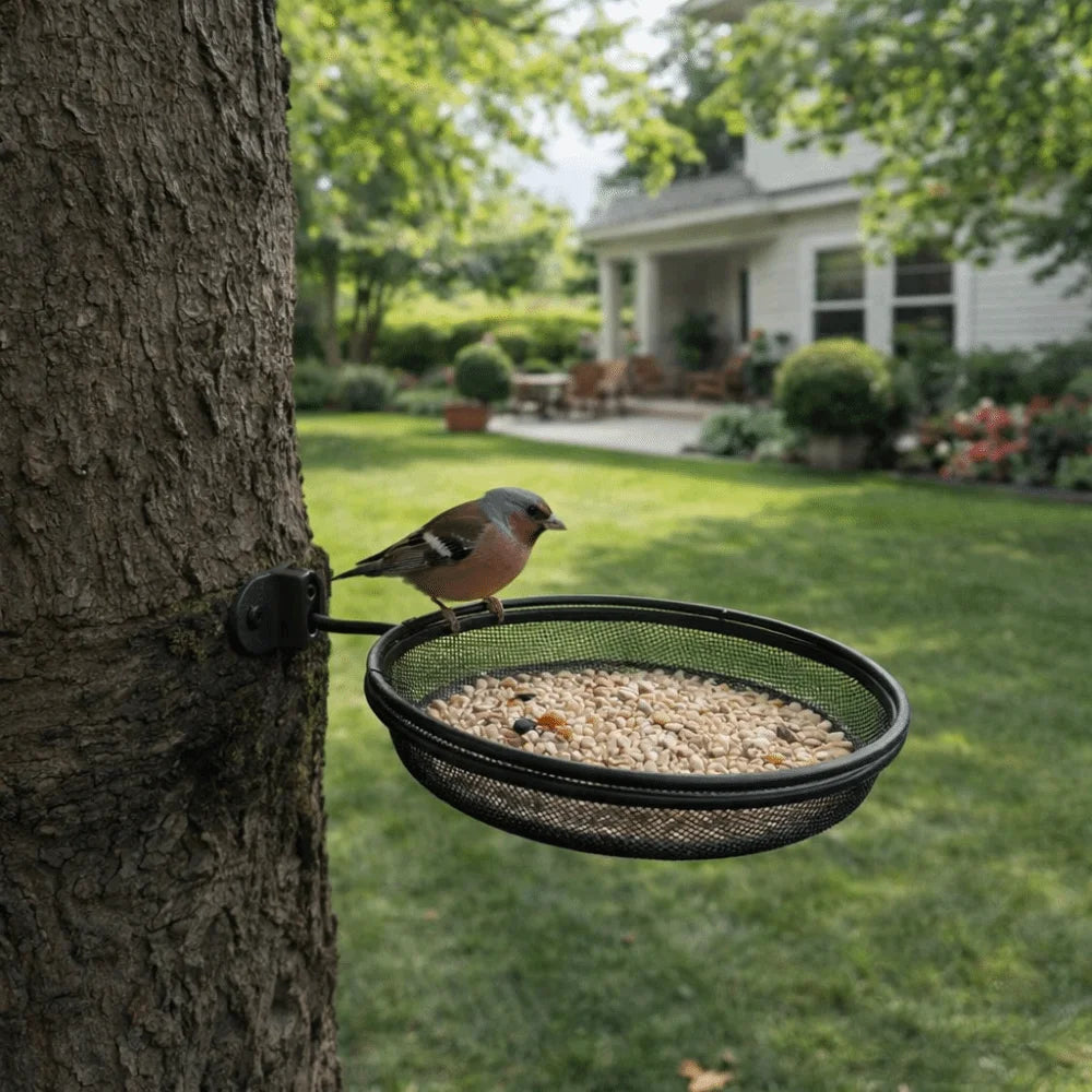Wall-Mounted Metal Mesh Bird Feeder – Large Capacity Round Feeding Tray with Detachable Station for Balcony & Garden