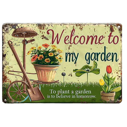 Vintage Welcome to My Garden Metal Sign 30.5x20.3cm Rustic Watering Can Flowers Wall Decor for Yard Fence