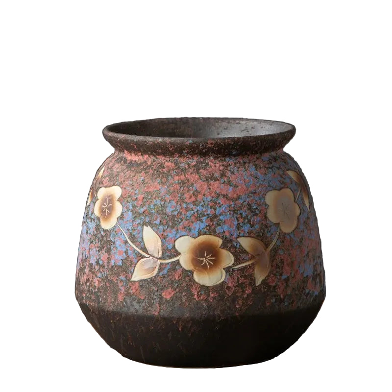 Hand-Carved Ceramic Planter  Green Retro Pastoral Pot  Wide-Mouth Succulent Holder  Desktop Artistic Decor Piece