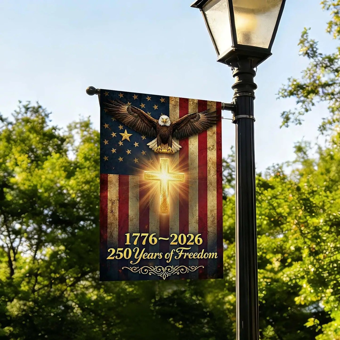 USA 250th Anniversary Garden Flag – Double-Sided Patriotic Eagle & Cross | 12×18"