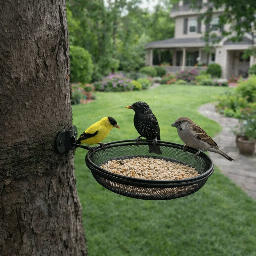 Wall-Mounted Metal Mesh Bird Feeder – Large Capacity Round Feeding Tray with Detachable Station for Balcony & Garden