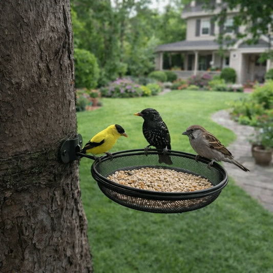 Wall-Mounted Metal Mesh Bird Feeder – Large Capacity Round Feeding Tray with Detachable Station for Balcony & Garden