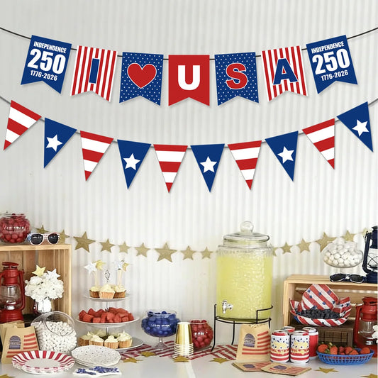 USA 250th Anniversary Party Banner Set – Patriotic ❤️ USA Flag Banners & Triangle Pennants | 1776–2026