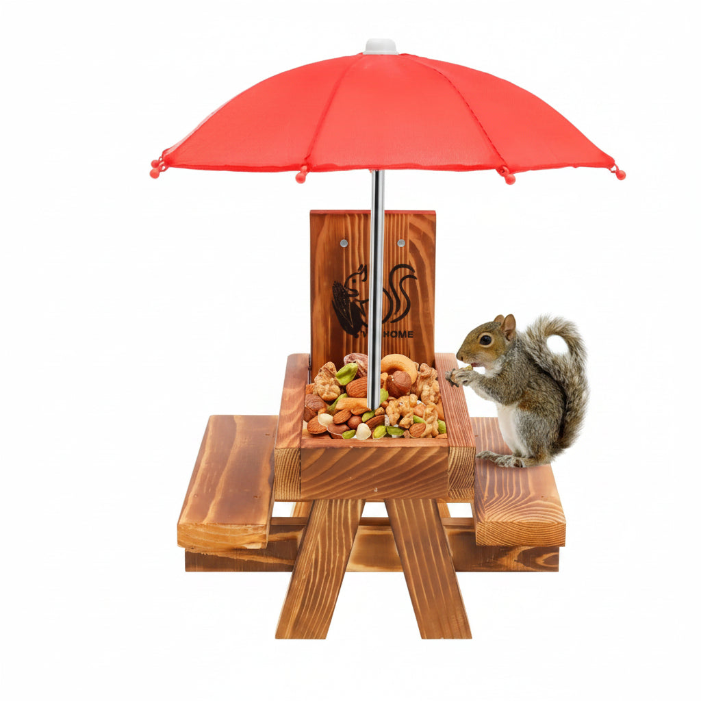Wooden Squirrel Feeder with Umbrella – Outdoor Picnic Table for Squirrels & Birds