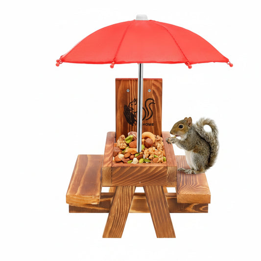 Wooden Squirrel Feeder with Umbrella – Outdoor Picnic Table for Squirrels & Birds