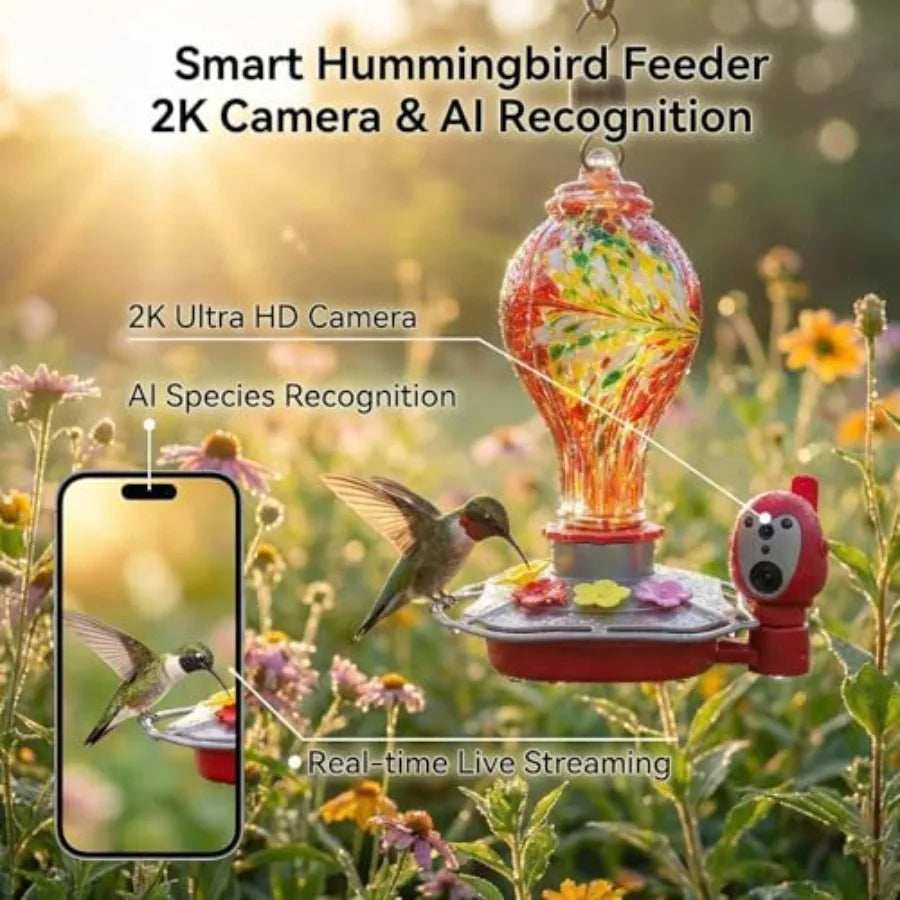 Smart Hummingbird Feeder with 2K Camera – Solar Powered, AI Bird ID & Instant Notifications