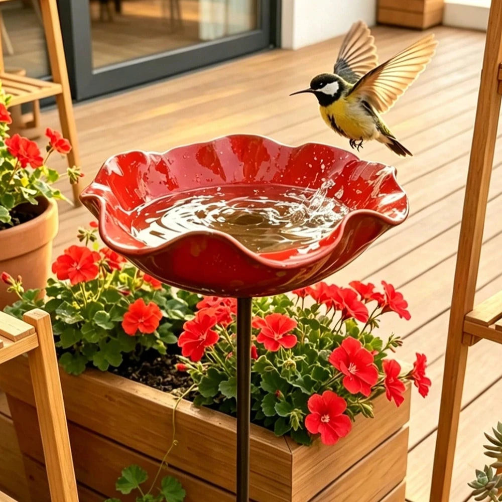 Flower-Shaped Bird Bath & Feeder with Ground Stake — Outdoor Garden Water Bowl