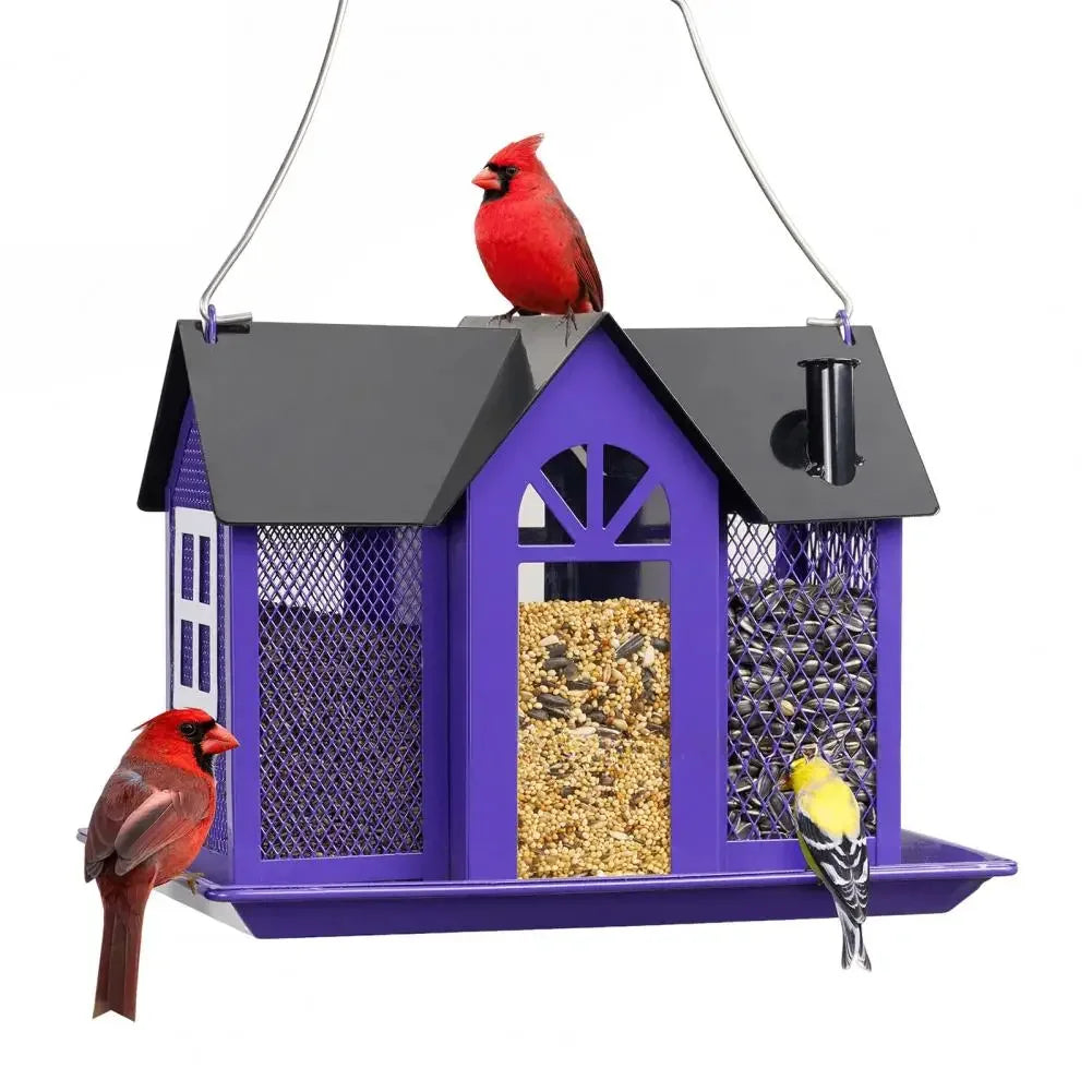 House-Shaped Hanging Bird Feeder – 3-Compartment Large Capacity Metal Feeder for Garden & Yard