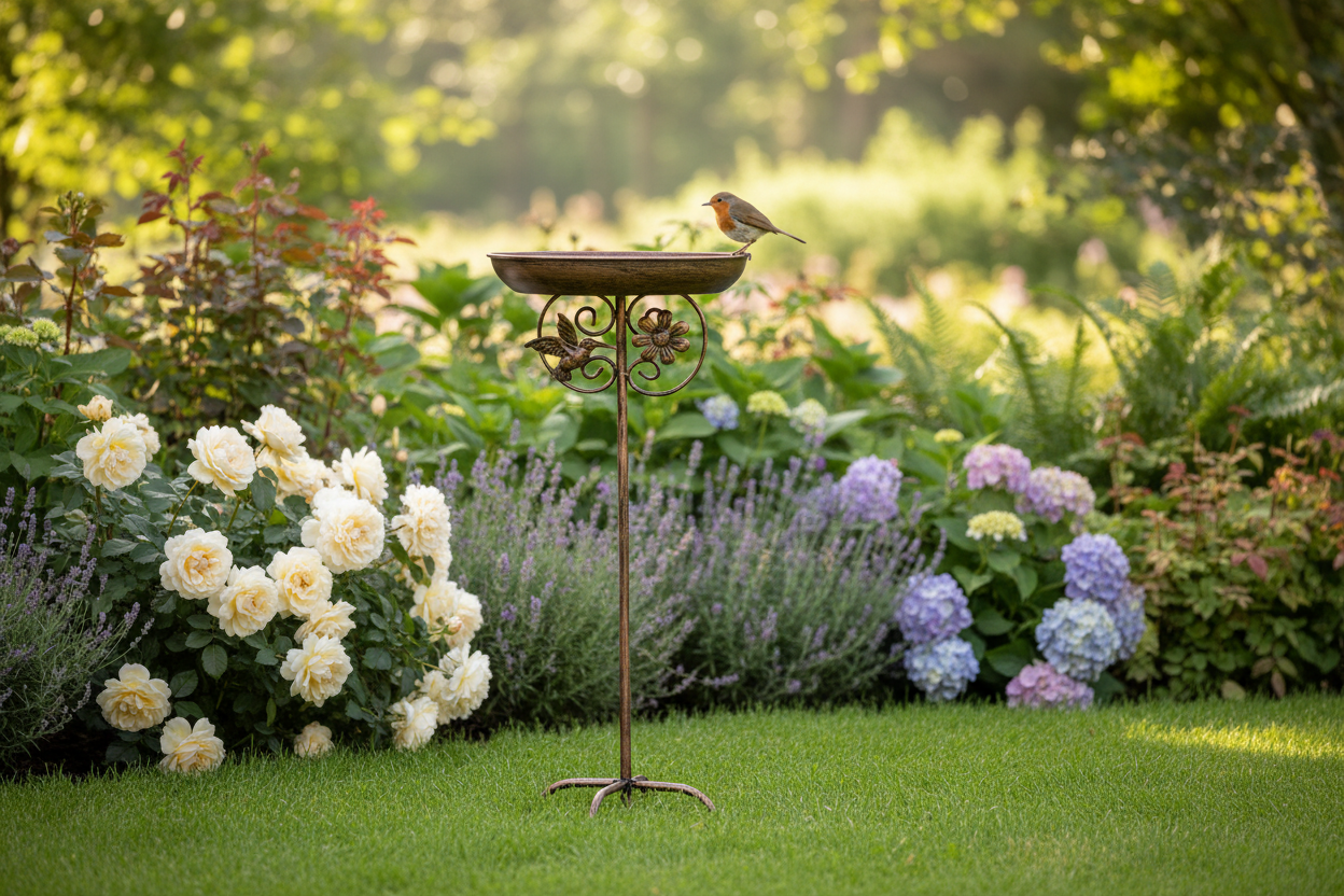 Cast iron bird bath and feeder in a lush garden setting with morning light and a bird perched on the edge