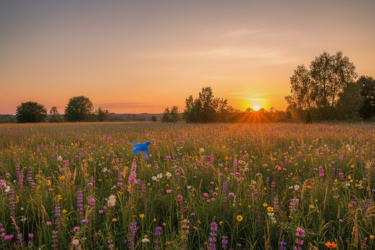 Meadow sunset no birds in sky